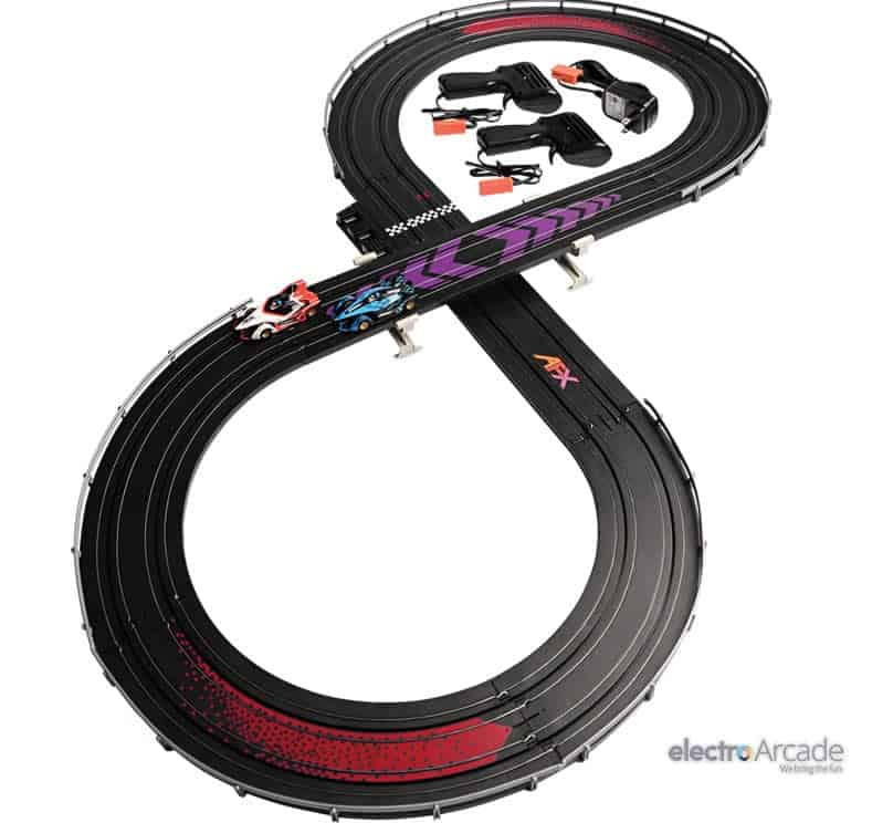 AFX Infinity Slot Car Raceway Starter Set 2 High-speed slot car racing track with controllers and cars for kids and adults.