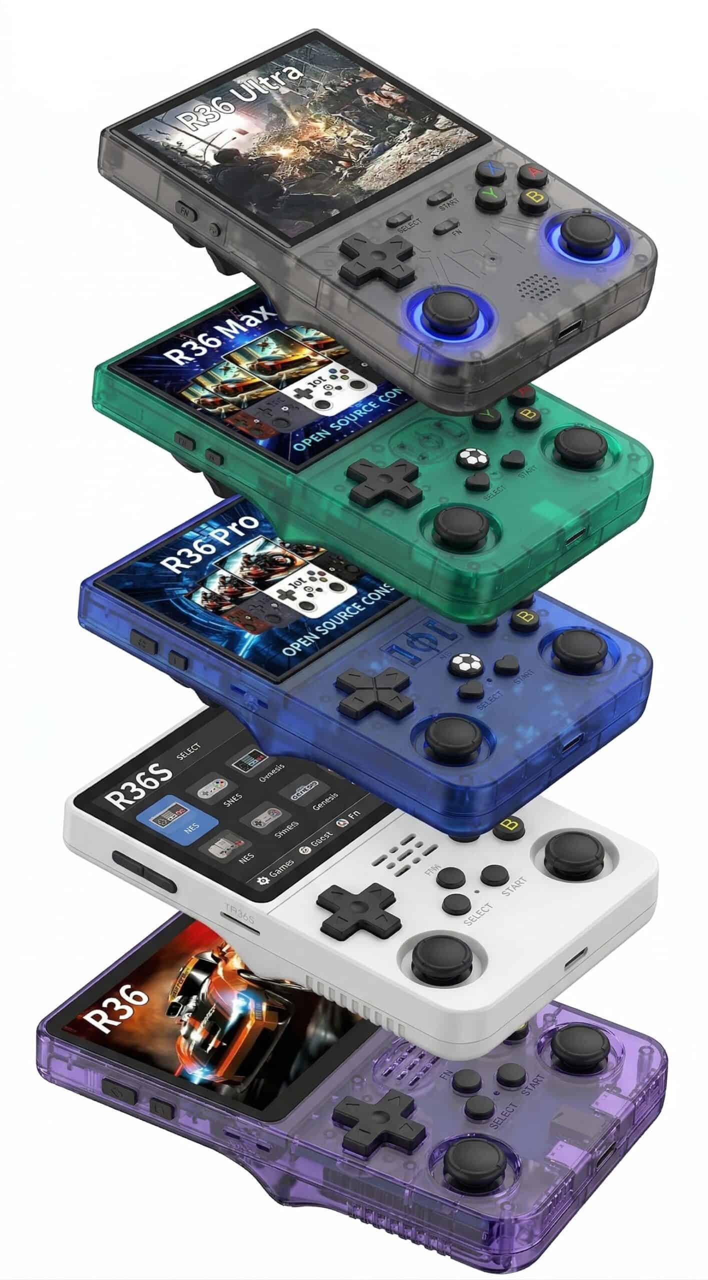 Handheld gaming consoles with transparent colorful cases and built-in controls for portable gaming.