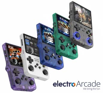 R36 handheld game console with multiple color options for gaming on the go.